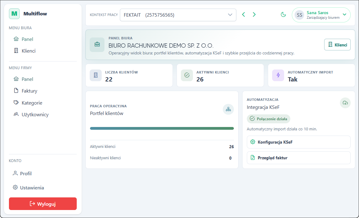 Panel Multiflow z widokiem biura rachunkowego, klientami i integracją KSeF